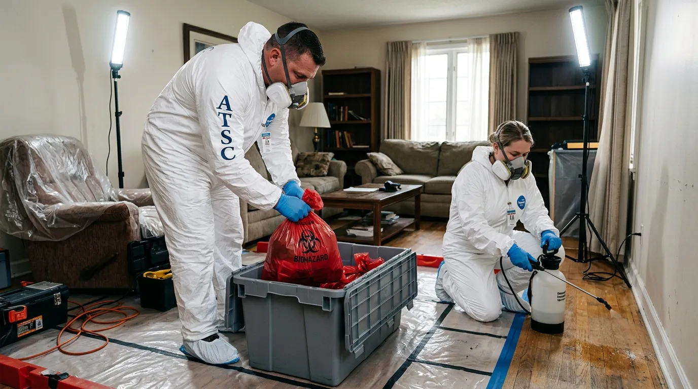 Professional Biohazard Cleanup technician in full PPE working in Trumbull